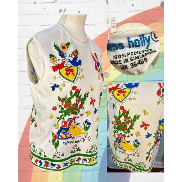 Vintage 70s Miss Holly Groovy Lovers Scene Hippy Print Sleeveless Top Size L - Picture 2 of 3